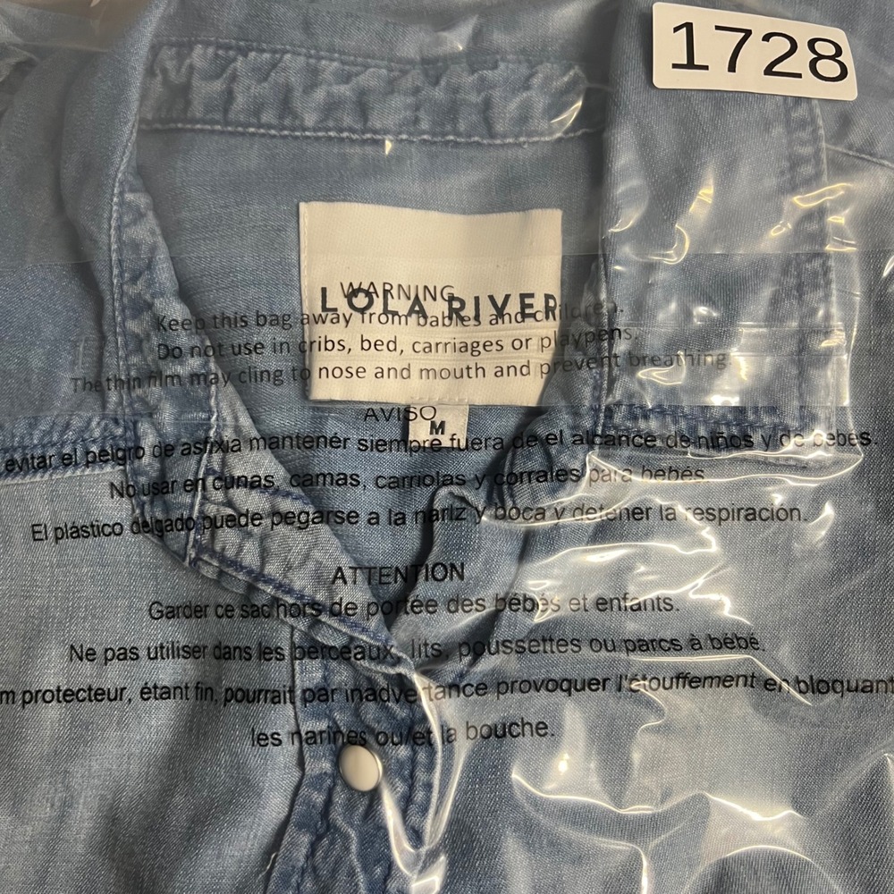 Lola River Womens Medium Denim Shirt Light Wash Snap Button Front Tie High Low - Picture 6 of 6